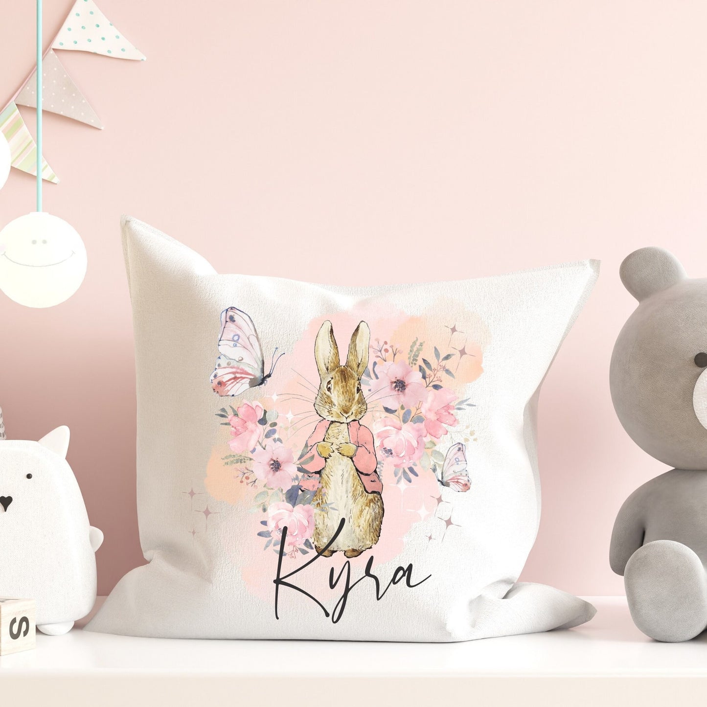 Personalised Cushion | Flopsy & Peter Rabbit Print Design | Bedroom Decor | Nursery Name Decor | Baby Gift | Birthday Gift Scatter Cuddle