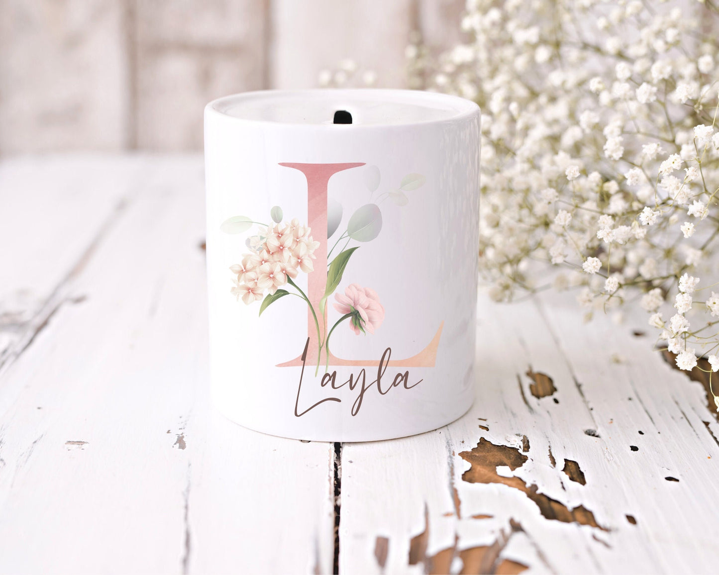 Pink Money Box | Personalised Name | Ceramic | Floral Initial | Christening Keepsake | gifts for kids | New Baby Gift | First Birthday