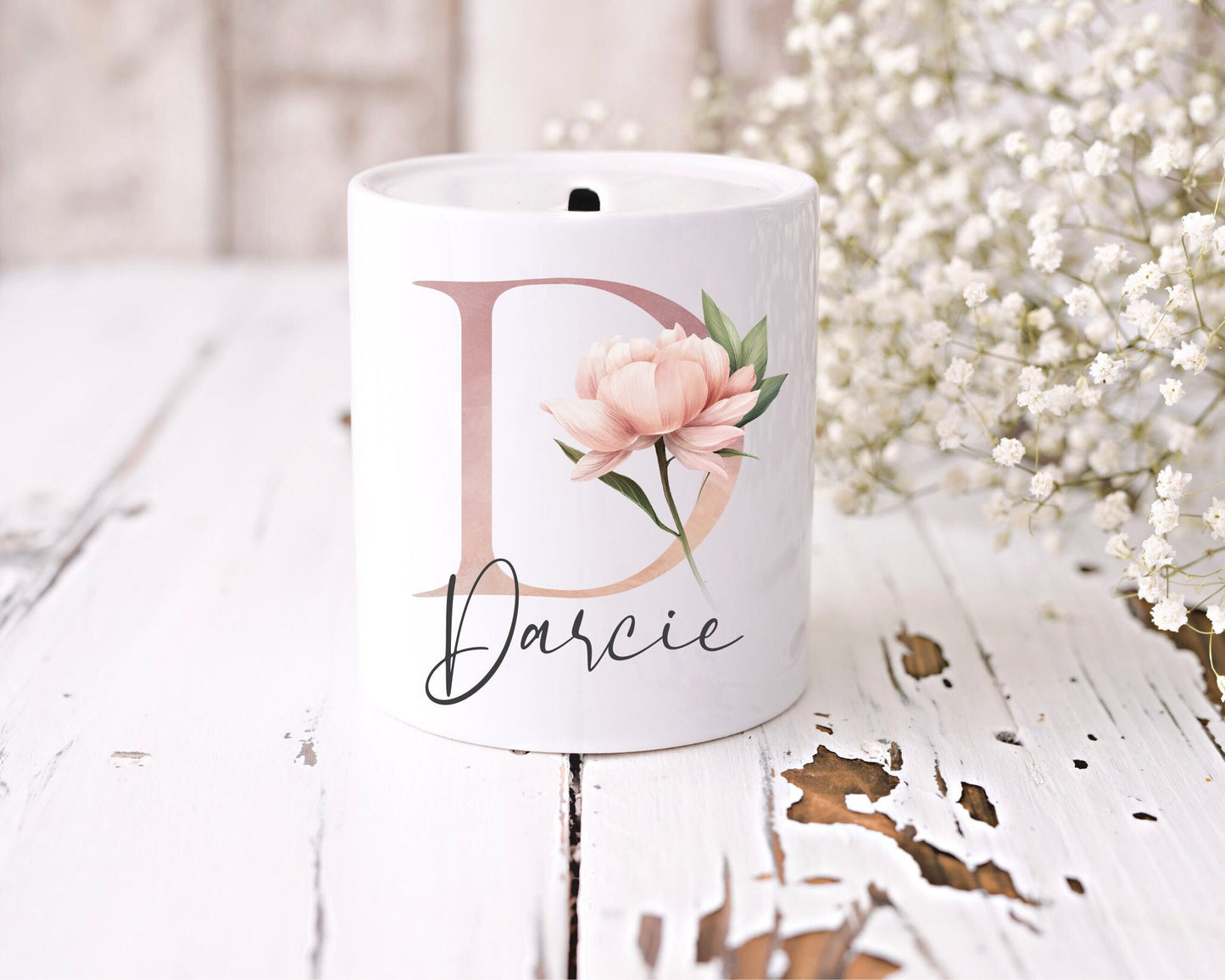 Pink Money Box | Personalised Name | Ceramic | Floral Initial | Christening Keepsake | gifts for kids | New Baby Gift | First Birthday