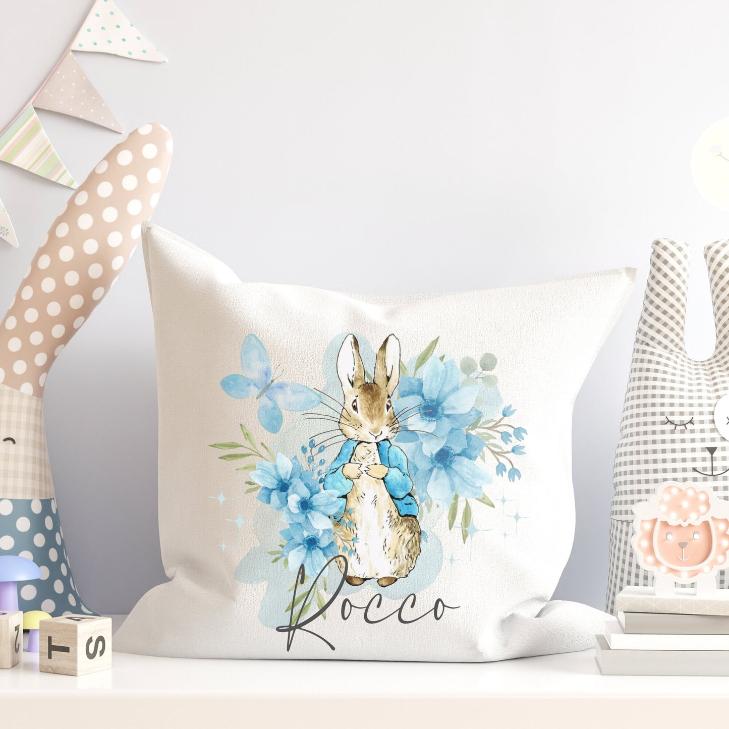 Personalised Cushion | Flopsy & Peter Rabbit Print Design | Bedroom Decor | Nursery Name Decor | Baby Gift | Birthday Gift Scatter Cuddle