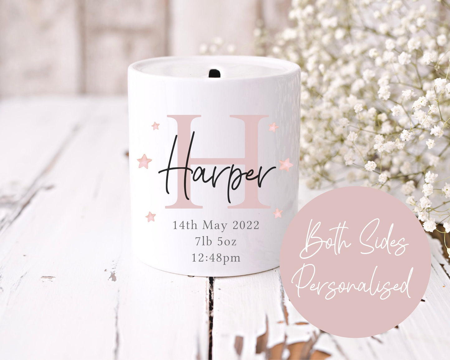 New Baby Money Box | Ceramic | Personalised Keepsake | Baby Boy & Girl Gift | First Birthday | My First Money Box | Birth Details