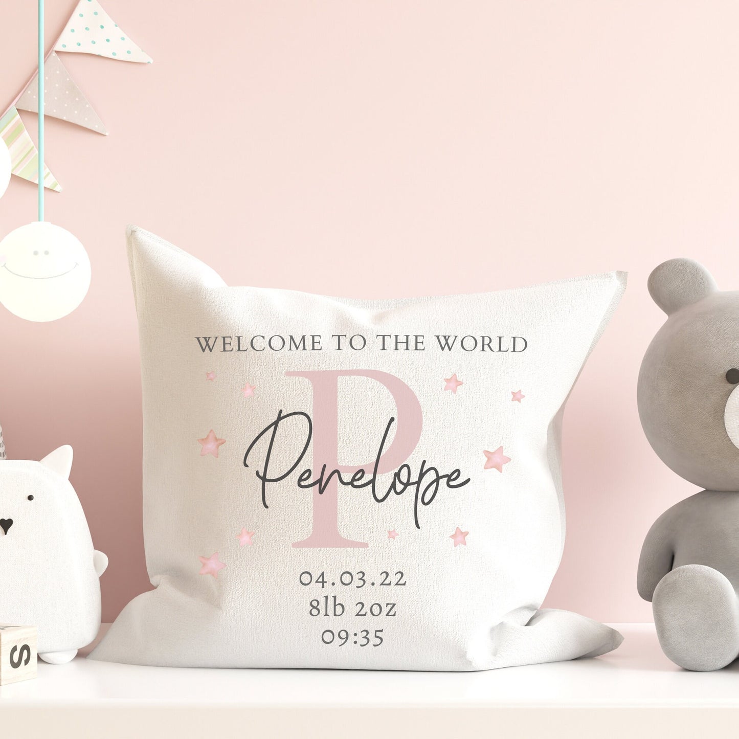 New Baby Cushion Gift | Boy & Girl Personalised Designs | Bedroom Decor | Nursery | Baby Gift | Cuddle Cushion | New Born Details