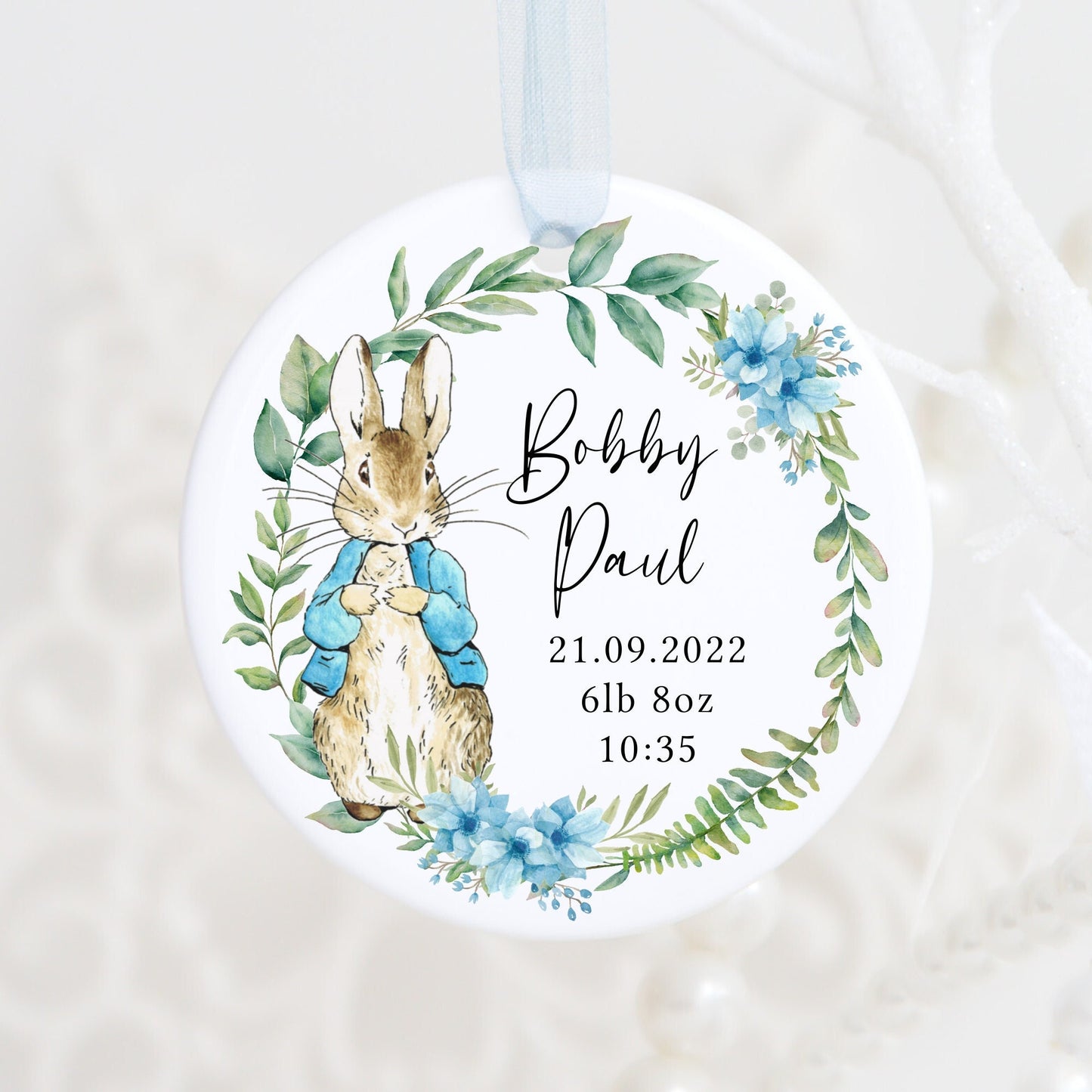 New Baby Keepsake | Personalised Flopsy Rabbit Peter Rabbit | Birth Details | Ceramic decoration | Newborn | Beatrix Potter | Boy | Girl