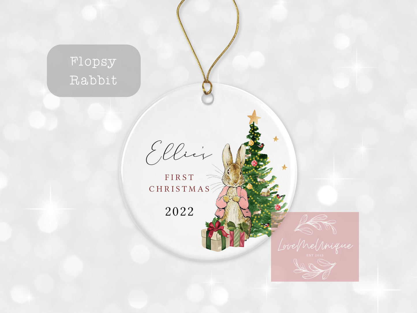 First Christmas Decoration | Personalised Tree Ornament | Baby's First Xmas | Ceramic Bauble Keepsake Gift | Peter Rabbit | Flopsy Rabbit