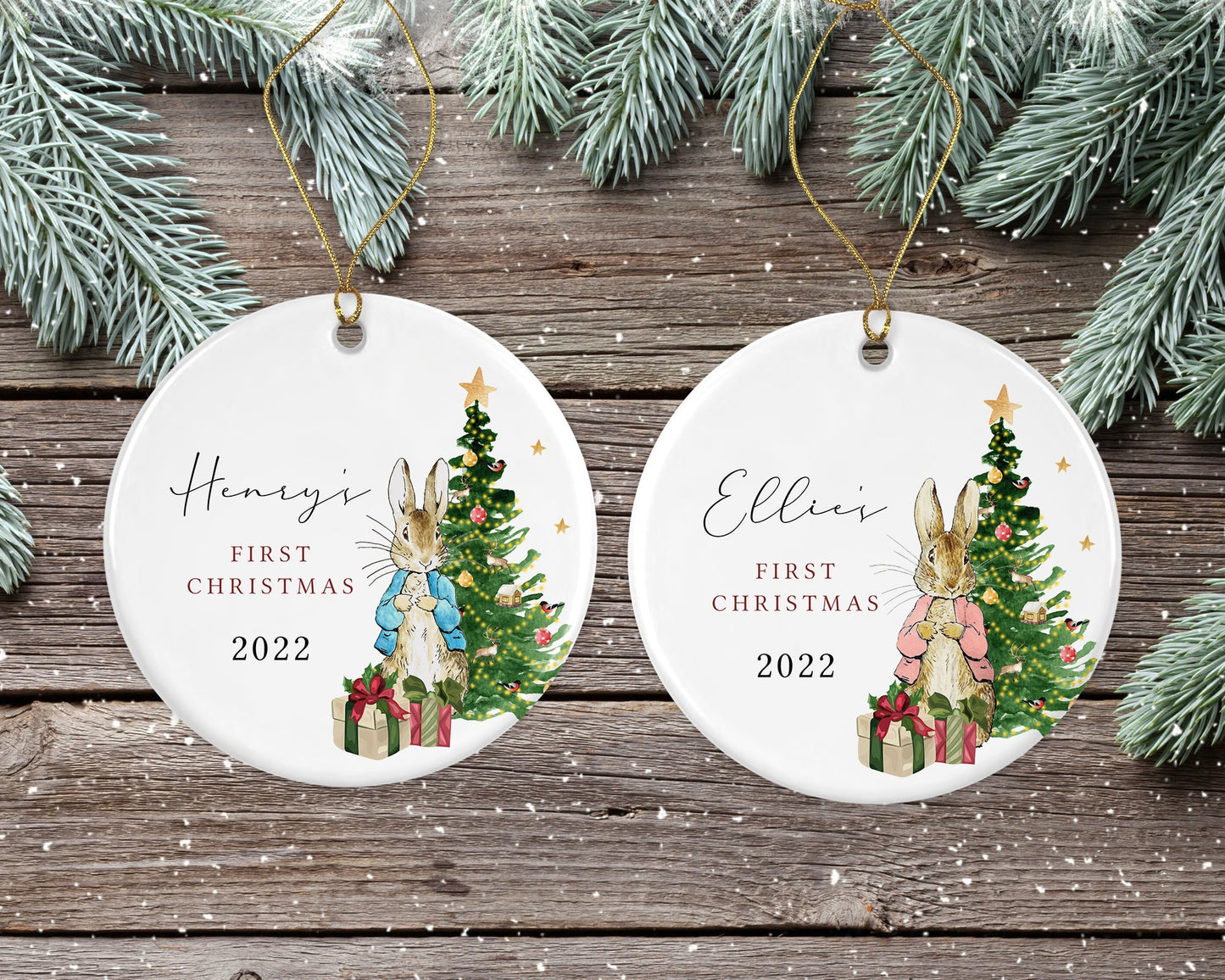 First Christmas Decoration | Personalised Tree Ornament | Baby's First Xmas | Ceramic Bauble Keepsake Gift | Peter Rabbit | Flopsy Rabbit
