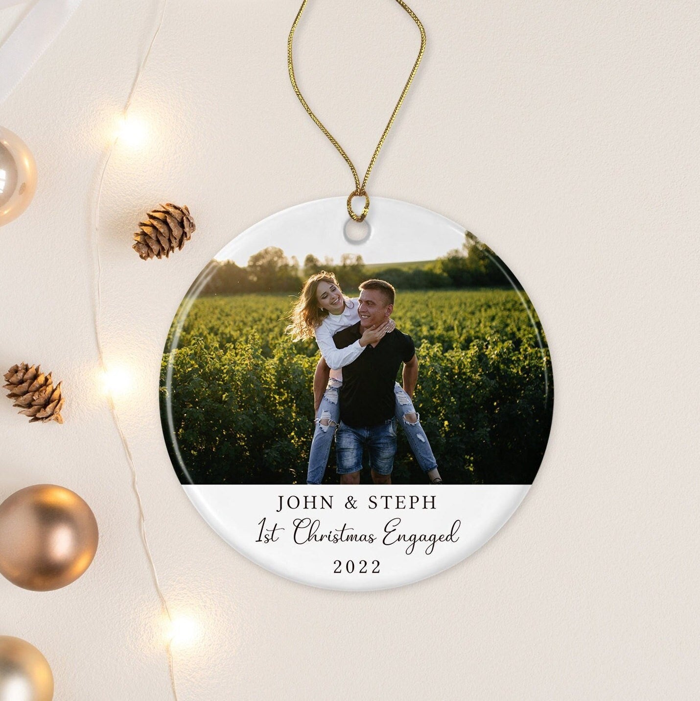 First Christmas Engaged Tree Decoration | Personalised Ornament | Ceramic Bauble Keepsake Gift | Mr & Mrs To Be | Photo Gift | Couple Gift