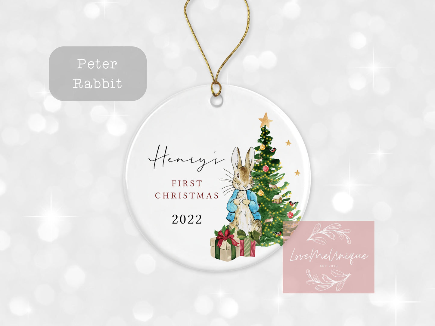 First Christmas Decoration | Personalised Tree Ornament | Baby's First Xmas | Ceramic Bauble Keepsake Gift | Peter Rabbit | Flopsy Rabbit