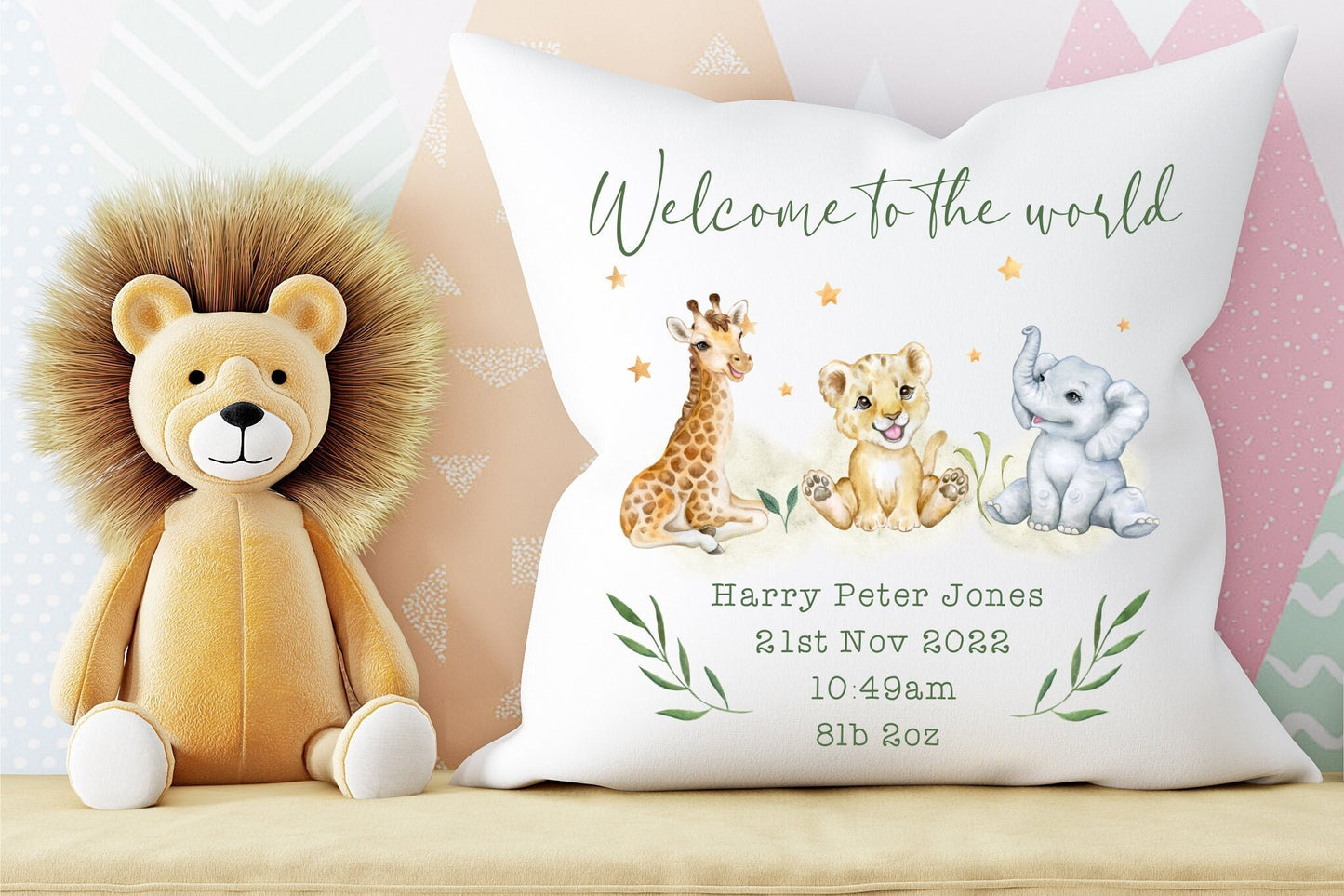 New Baby Cushion | Personalised Jungle Design | Welcome to the world | Nursery Decor | Baby Gift | Cuddle Cushion | First Birthday Idea Gift