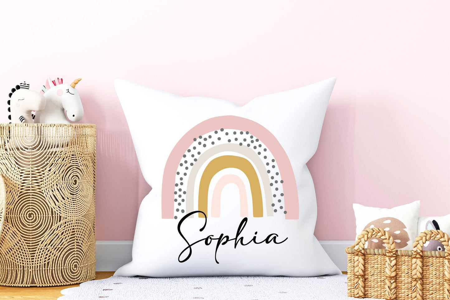 Rainbow Name Cushion | Girl Cushion Designs | Bedroom Deco | Nursery Decor | Baby Gift | Cuddle Cushion | Birthday Gift Idea | Dotty Rainbow