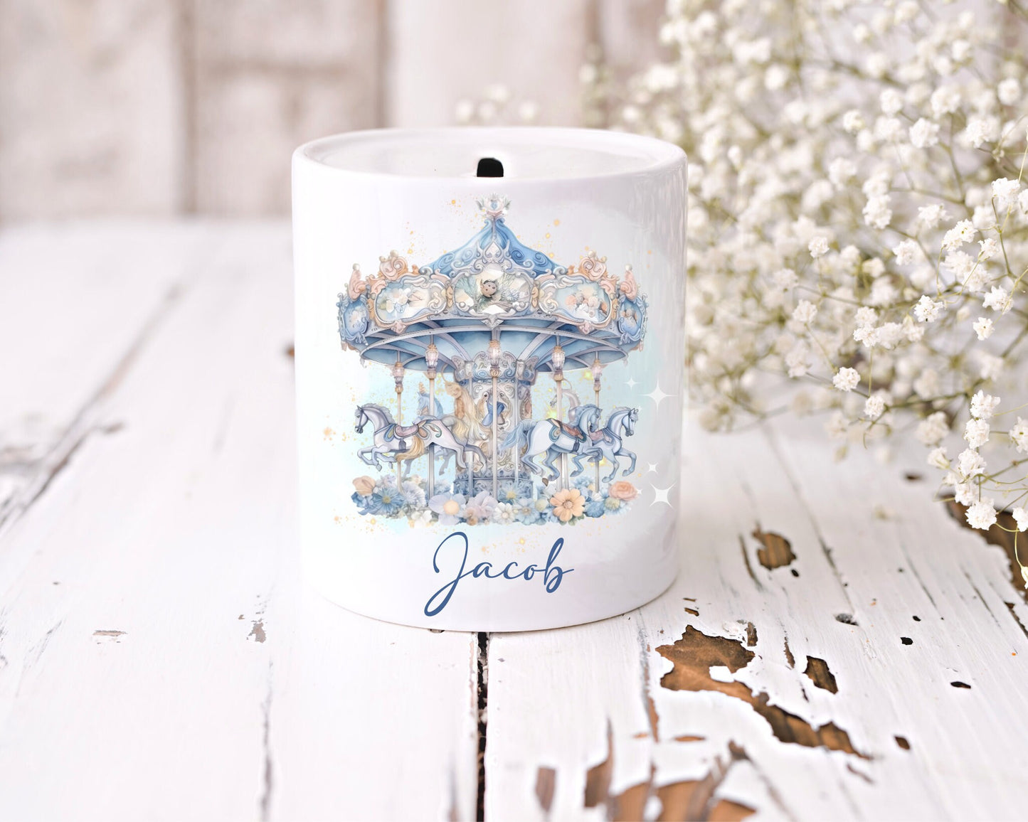 Personalised Carousel Money Box | Ceramic | Christening Keepsake | Baptism | Naming Day | Girl & Boy Gift | New Baby Gift | First Birthday