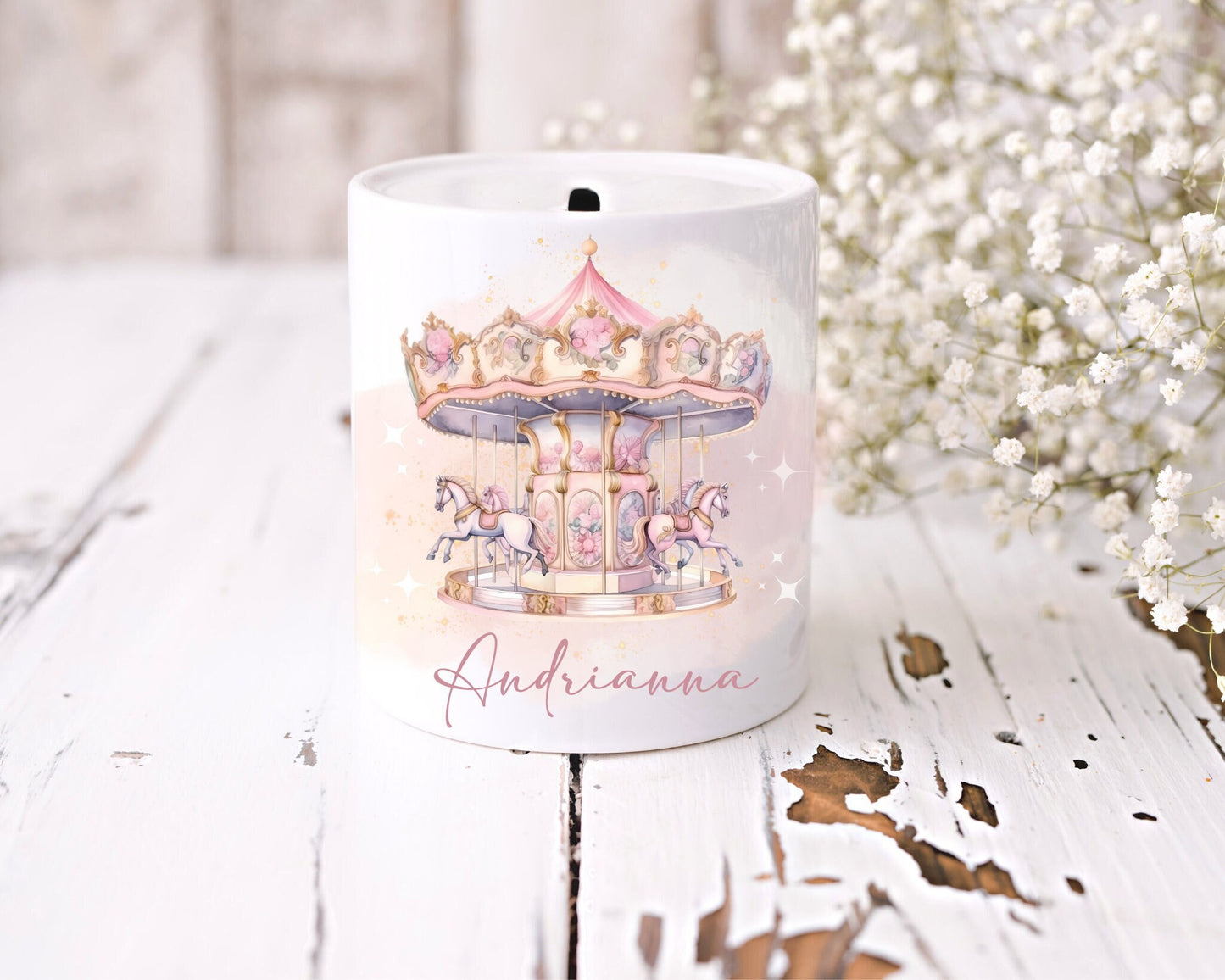 Personalised Carousel Money Box | Ceramic | Christening Keepsake | Baptism | Naming Day | Girl & Boy Gift | New Baby Gift | First Birthday