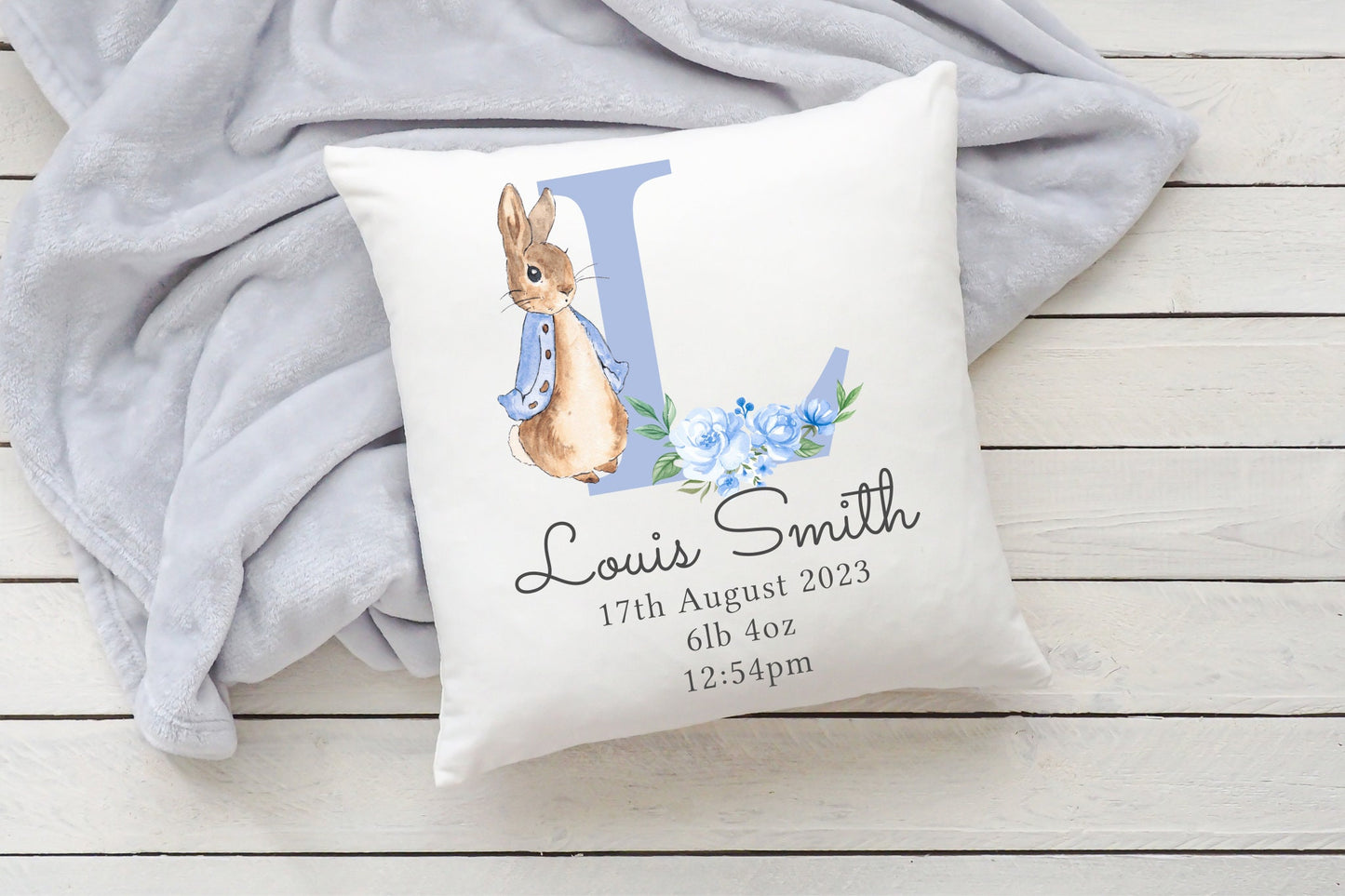 Personalised Cushion | Flopsy & Peter Rabbit Print Design | Bedroom Decor | Nursery Name Decor | Baby Gift | Birthday | Newborn Stats