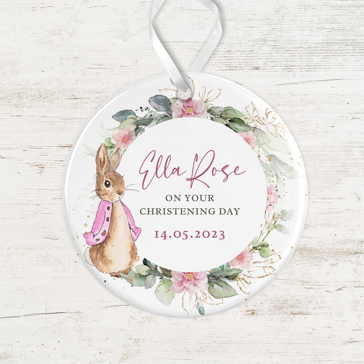 Christening Keepsake | Personalised Flopsy Rabbit Peter Rabbit | Baptism Naming Day | Ceramic decoration | Newborn | Beatrix Potter | Baby