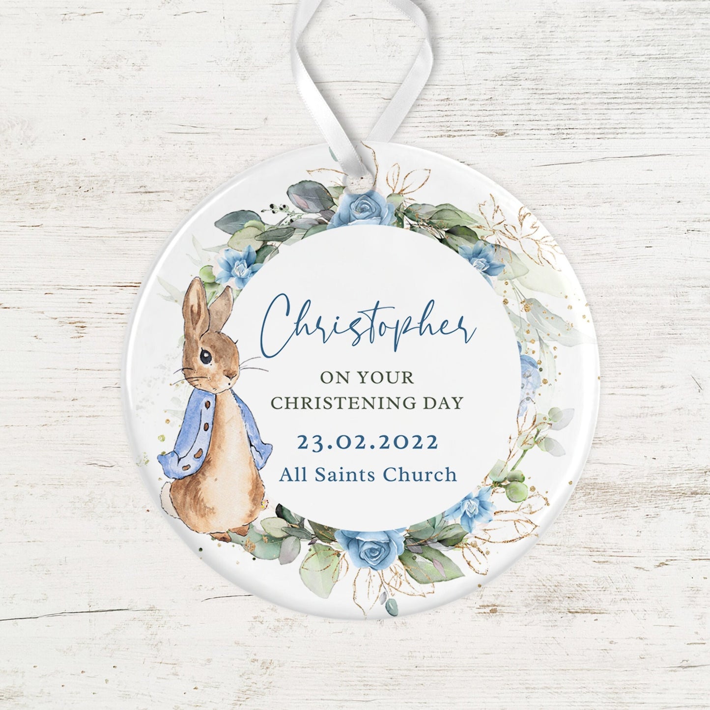 Christening Keepsake | Personalised Flopsy Rabbit Peter Rabbit | Baptism Naming Day | Ceramic decoration | Newborn | Beatrix Potter | Baby