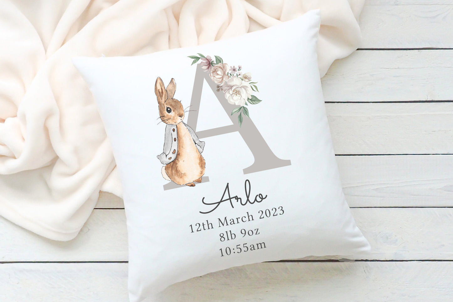 Personalised Cushion | Flopsy & Peter Rabbit Print Design | Bedroom Decor | Nursery Name Decor | Baby Gift | Birthday | Newborn Stats