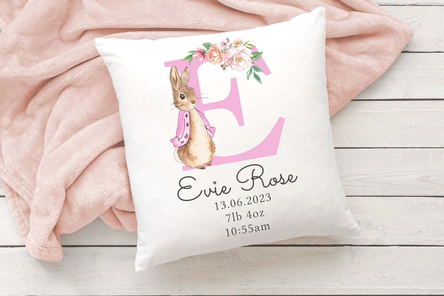 Personalised Cushion | Flopsy & Peter Rabbit Print Design | Bedroom Decor | Nursery Name Decor | Baby Gift | Birthday | Newborn Stats