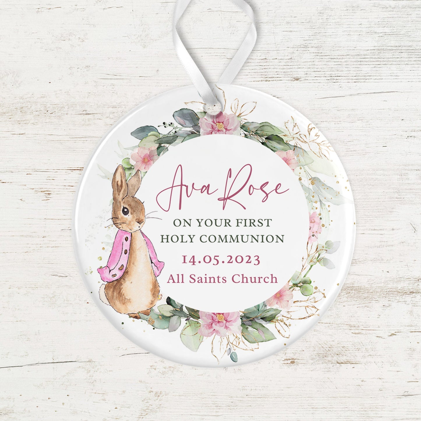 Christening Keepsake | Personalised Flopsy Rabbit Peter Rabbit | Baptism Naming Day | Ceramic decoration | Newborn | Beatrix Potter | Baby
