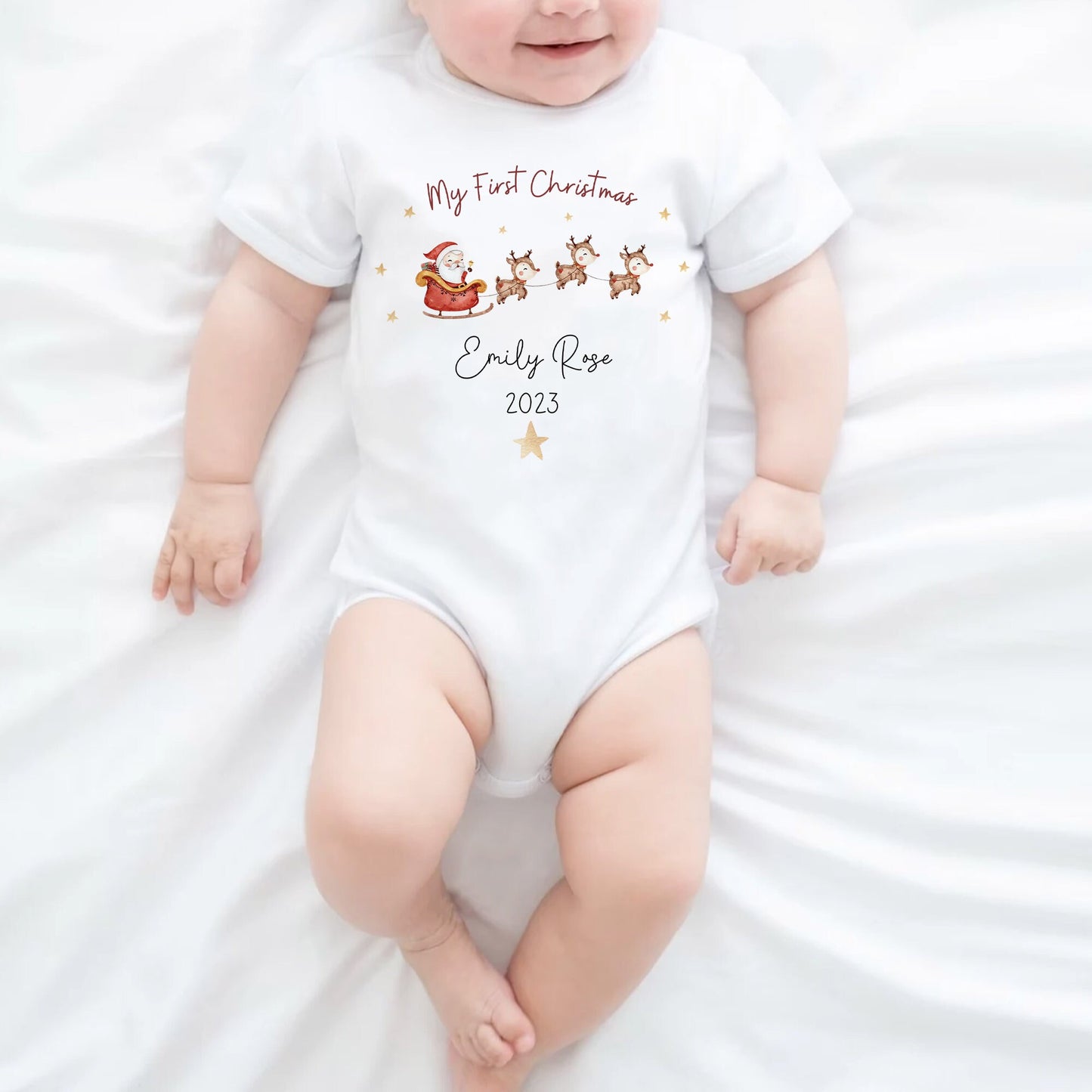 My 1st Christmas Baby Grow Personalised | Santa Reindeer Cute Vest, Sleepsuit, Romper, Bib Unisex Babygrow | Christmas Outfit | Baby Gift