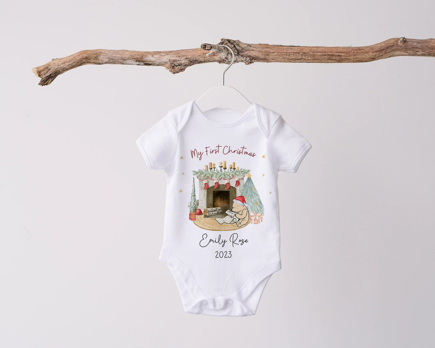 My First Christmas Baby Grow Personalised | Winnie the Pooh | Vest, Sleepsuit, Romper, Bib Unisex Babygrow | Christmas Outfit | Baby Gift