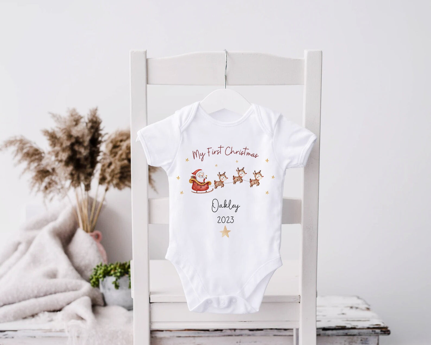 My 1st Christmas Baby Grow Personalised | Santa Reindeer Cute Vest, Sleepsuit, Romper, Bib Unisex Babygrow | Christmas Outfit | Baby Gift
