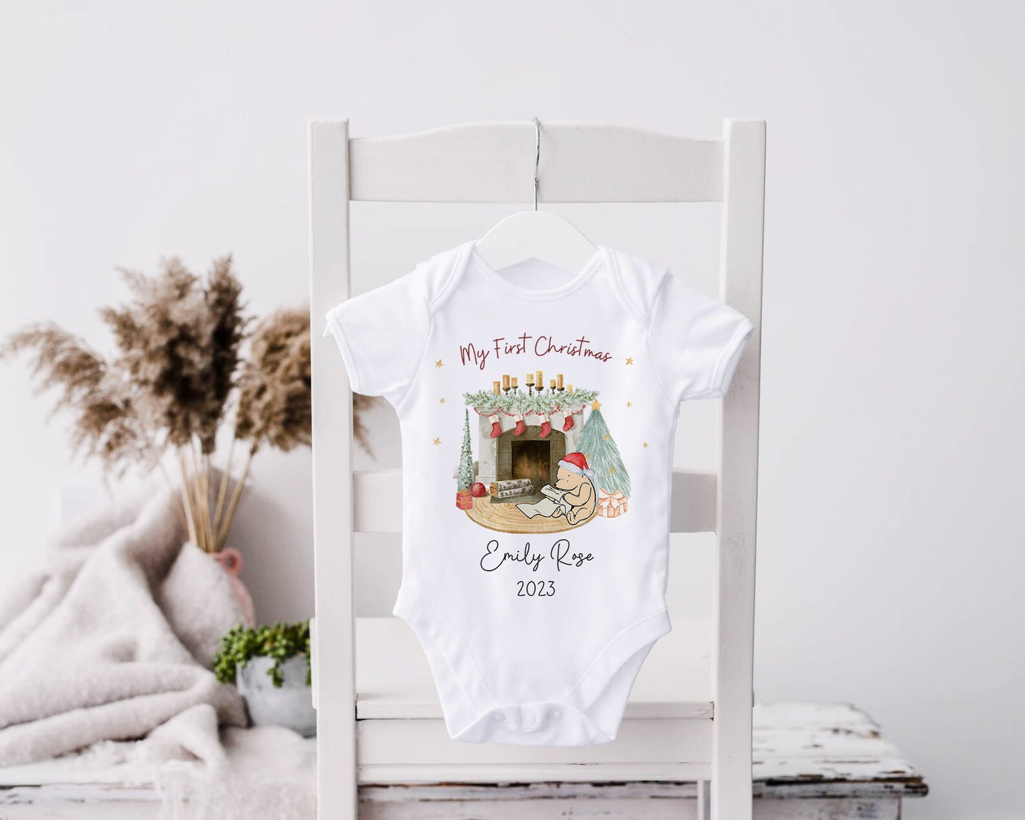 My First Christmas Baby Grow Personalised | Winnie the Pooh | Vest, Sleepsuit, Romper, Bib Unisex Babygrow | Christmas Outfit | Baby Gift