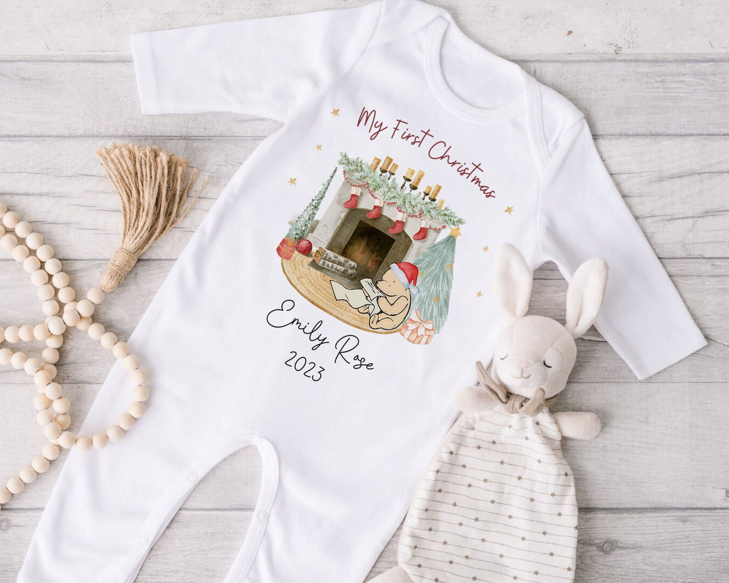 My First Christmas Baby Grow Personalised | Winnie the Pooh | Vest, Sleepsuit, Romper, Bib Unisex Babygrow | Christmas Outfit | Baby Gift