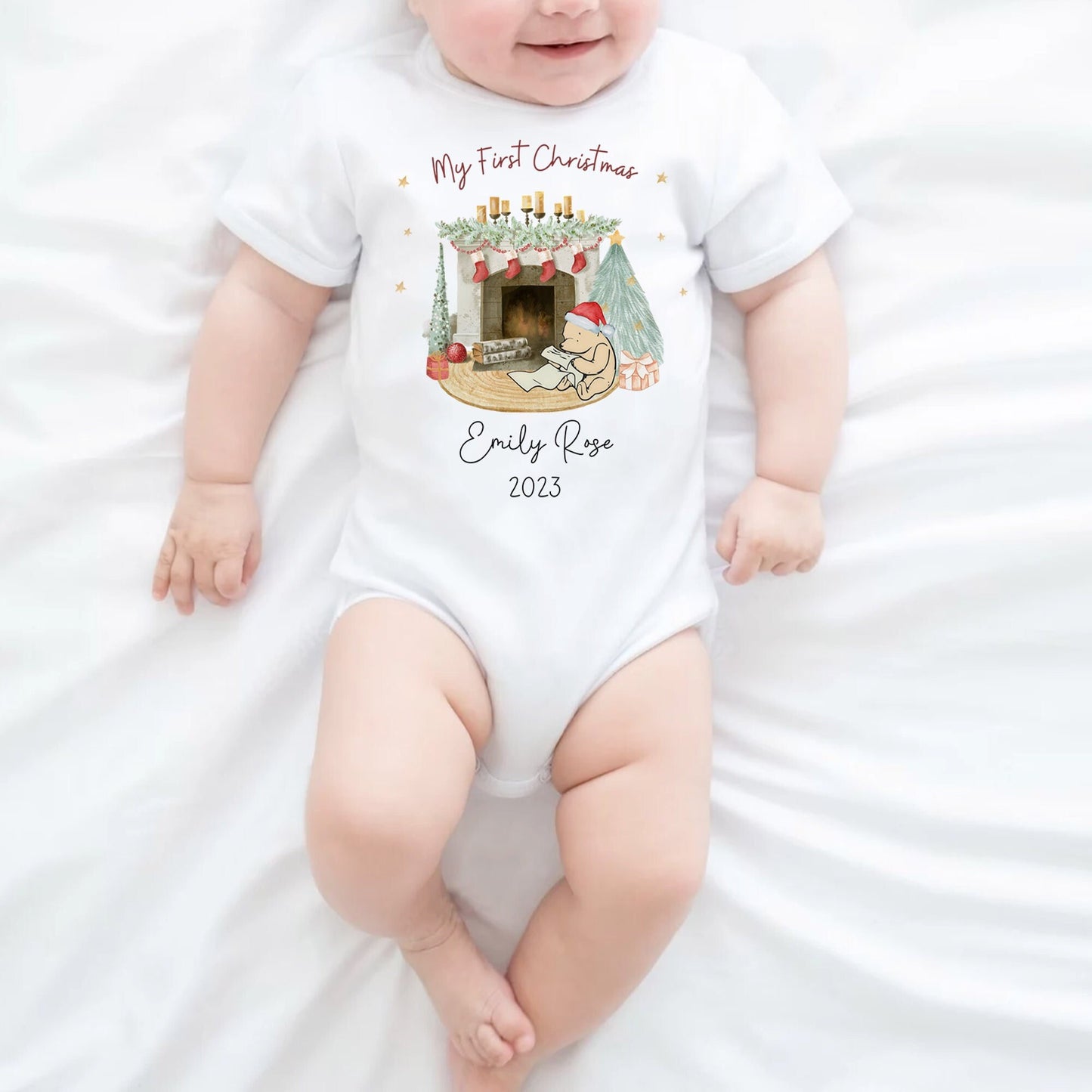 My First Christmas Baby Grow Personalised | Winnie the Pooh | Vest, Sleepsuit, Romper, Bib Unisex Babygrow | Christmas Outfit | Baby Gift