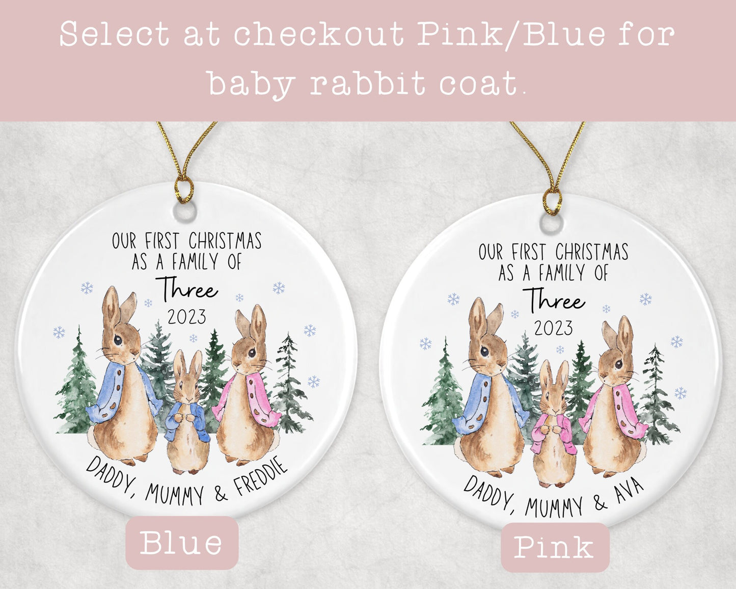 First Christmas As A Three | Peter Rabbit Tree Decoration Ornament | Ceramic Bauble Keepsake Gift | Personalised New Family Gift | 1st Xmas