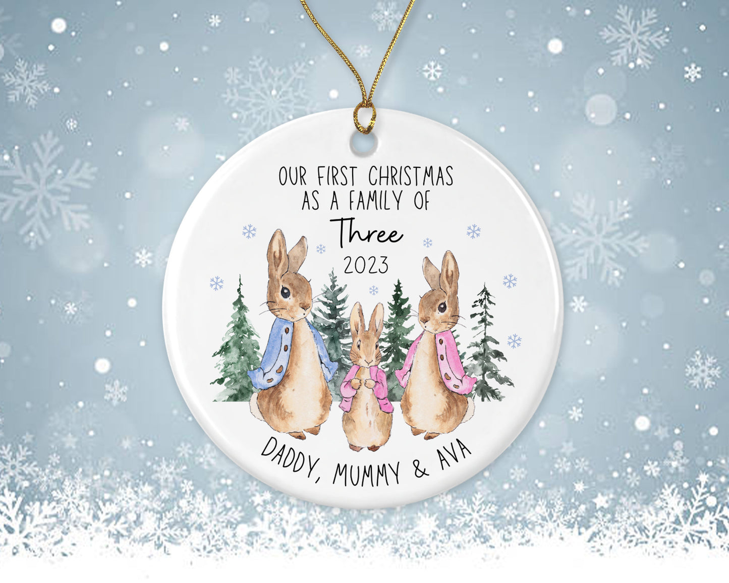 First Christmas As A Three | Peter Rabbit Tree Decoration Ornament | Ceramic Bauble Keepsake Gift | Personalised New Family Gift | 1st Xmas