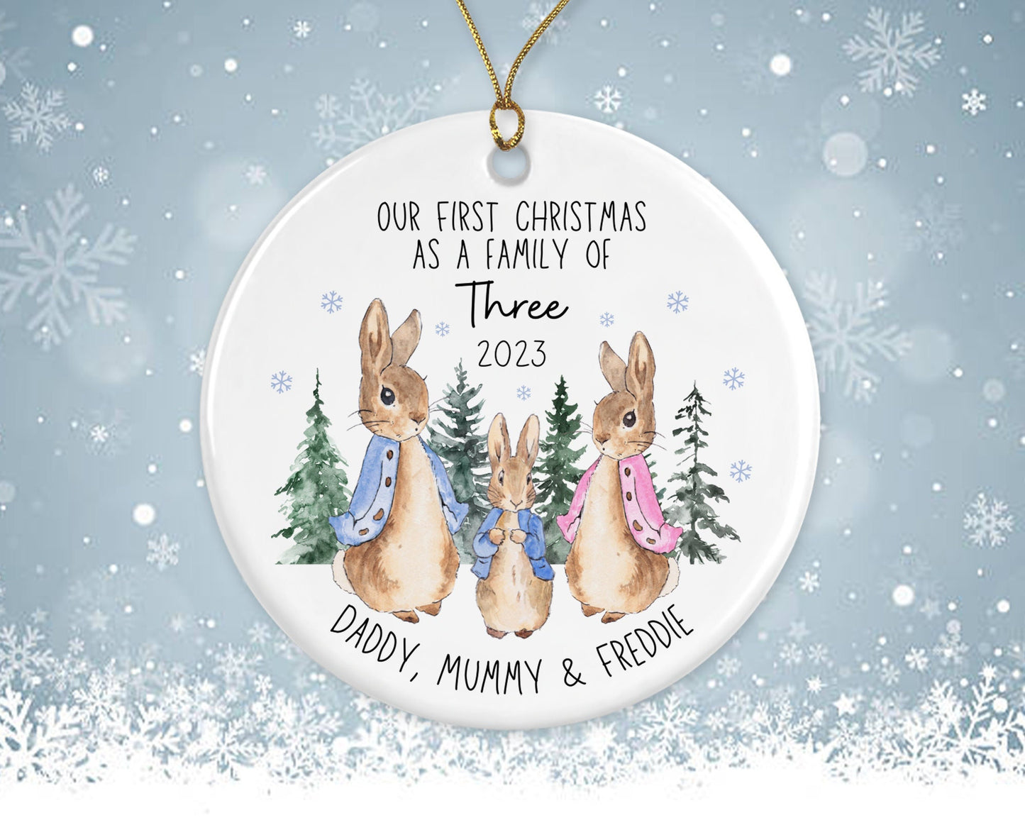 First Christmas As A Three | Peter Rabbit Tree Decoration Ornament | Ceramic Bauble Keepsake Gift | Personalised New Family Gift | 1st Xmas