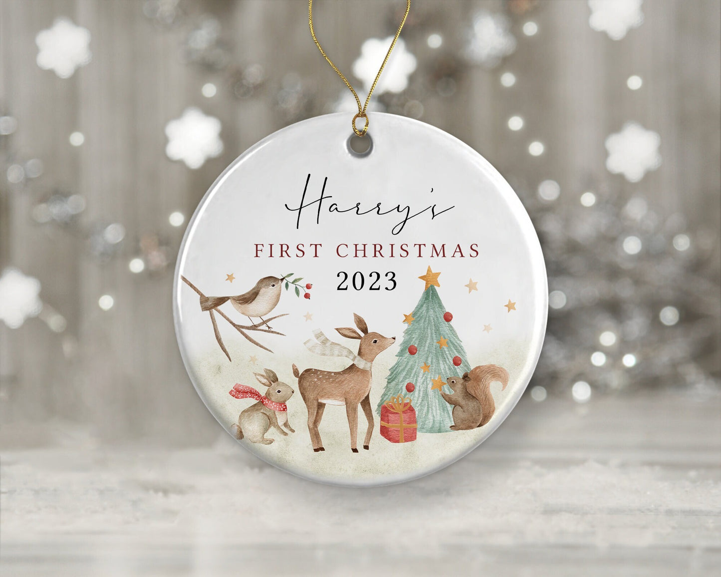 First Christmas Decoration | Personalised Tree Ornament | Baby's First Xmas | Ceramic Bauble Keepsake Gift | Woodland Animals |