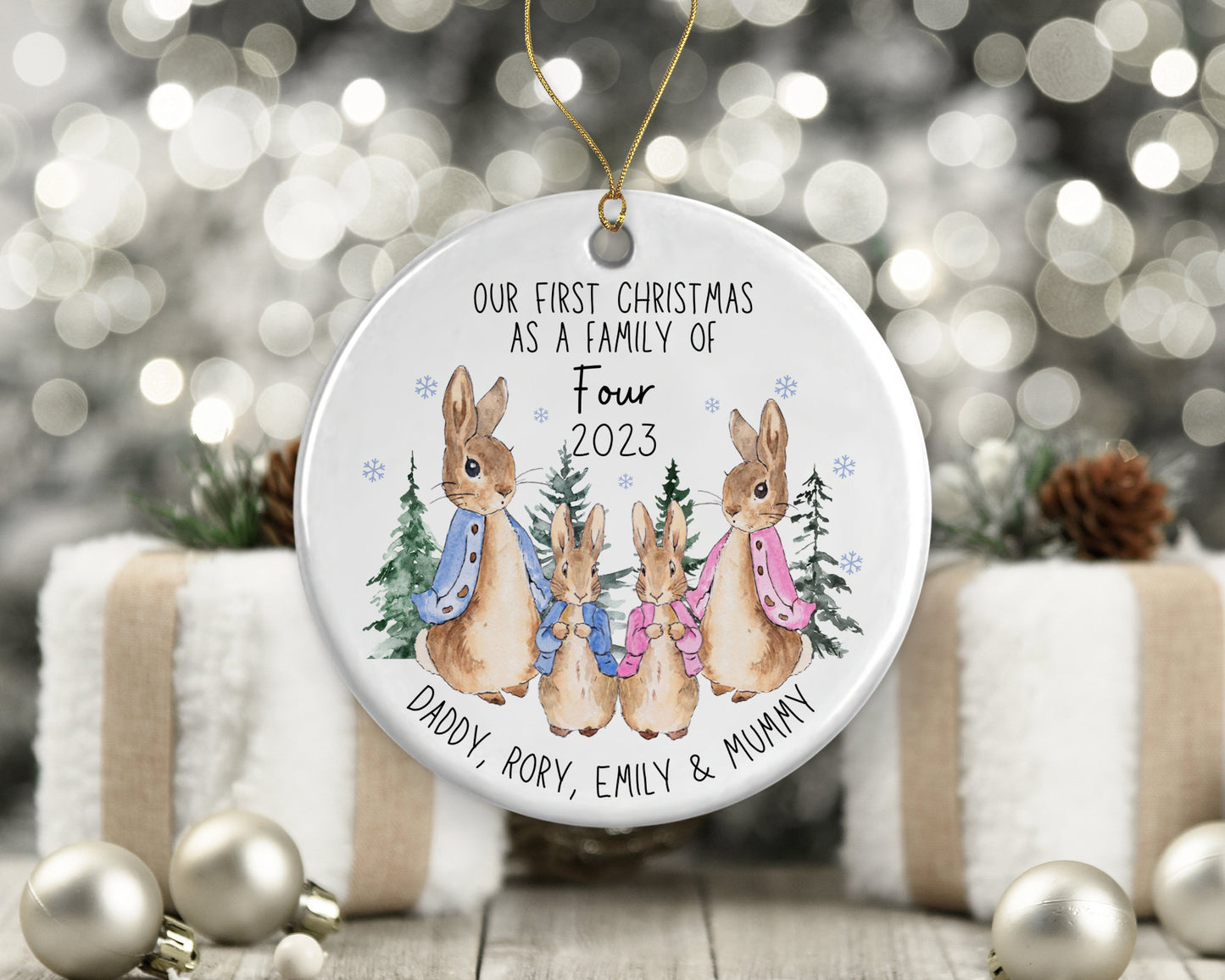 First Christmas As A Three | Peter Rabbit Tree Decoration Ornament | Ceramic Bauble Keepsake Gift | Personalised New Family Gift | 1st Xmas