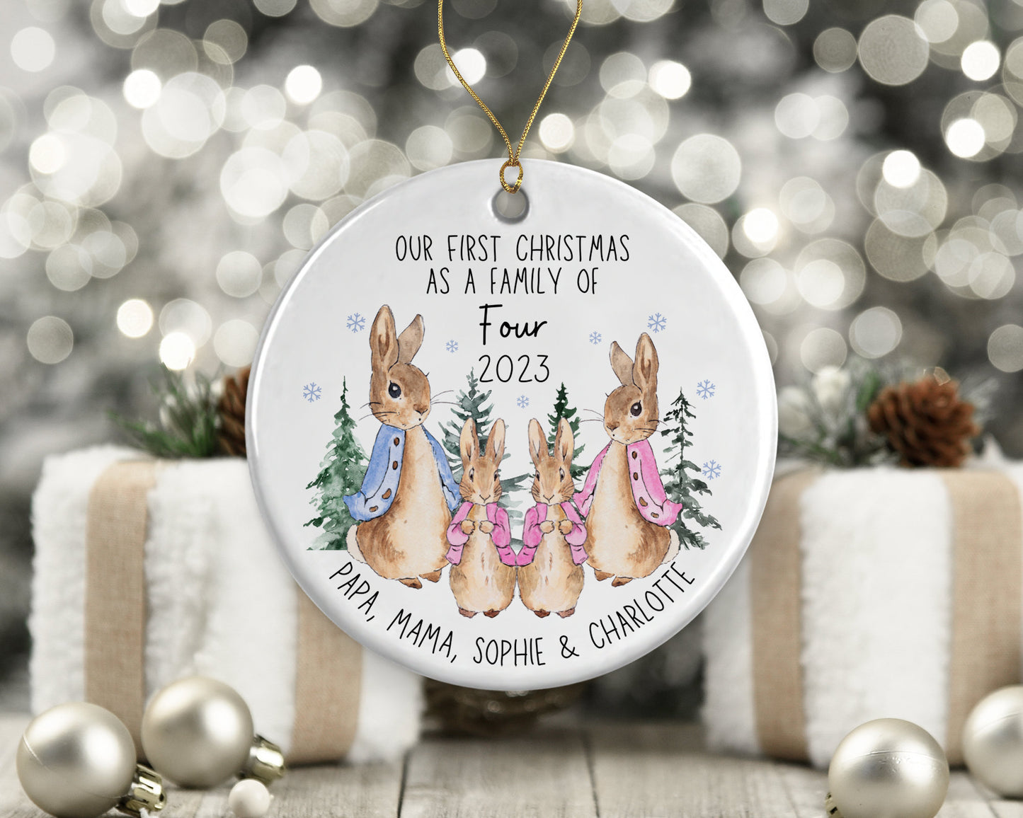 First Christmas As A Three | Peter Rabbit Tree Decoration Ornament | Ceramic Bauble Keepsake Gift | Personalised New Family Gift | 1st Xmas