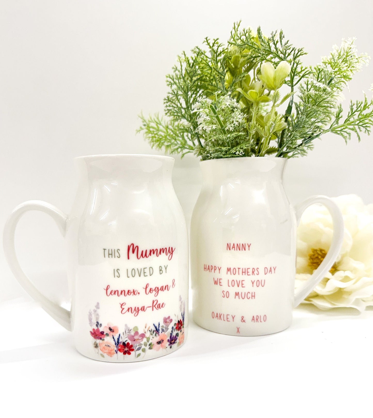 Personalised Vase Jug Milk Jug Mug | Loved By | Flower Pot | Mothers day gift | Gift for Her | Mum Nan Gift | Small Ceramic Floral Design