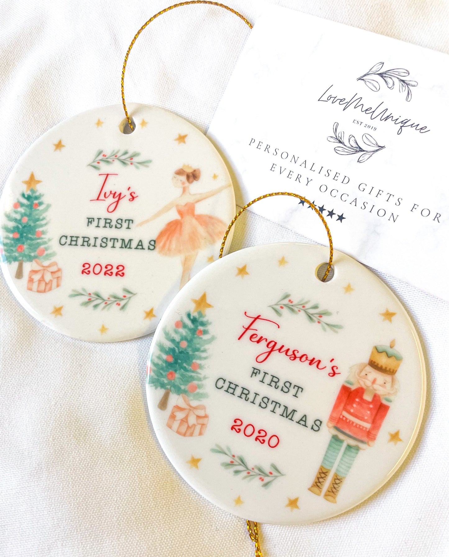 First Christmas Tree Decoration | Personalised Ornament | Baby's First Xmas | Ceramic Bauble Keepsake Gift | Nutcracker | Ballerina Festive