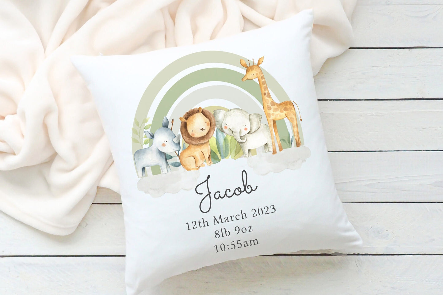 New Baby Cushion | Personalised Jungle Design | Welcome to the world | Nursery Decor | Baby Gift | Cuddle Cushion | Newborn