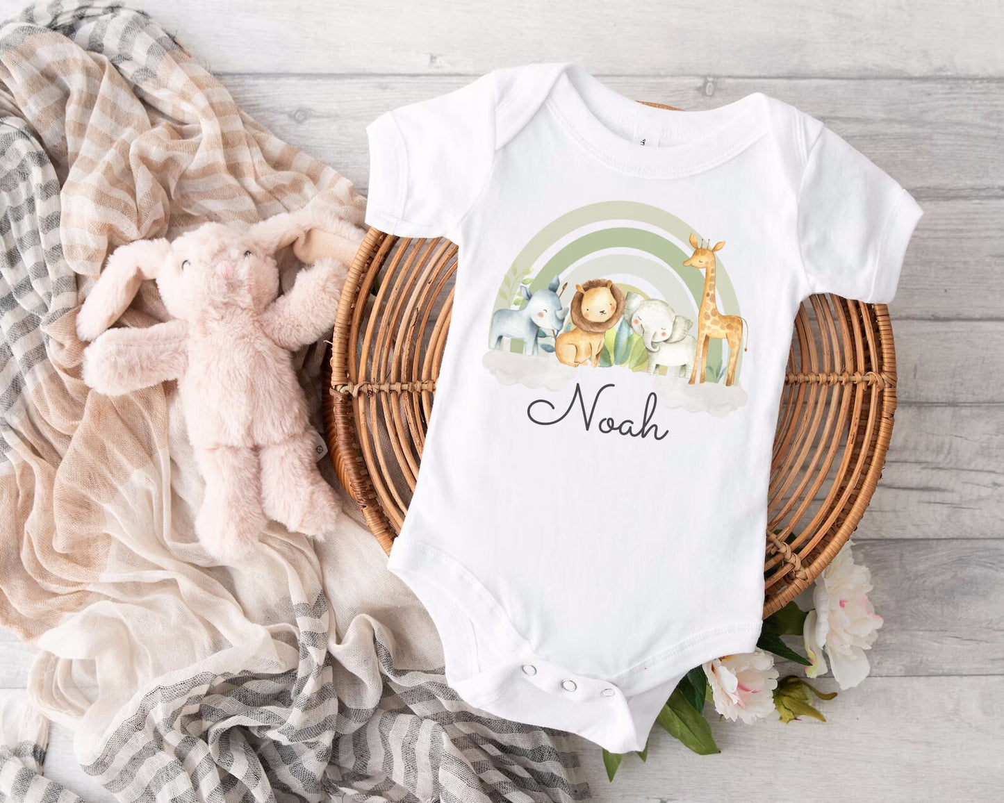 Personalised First Baby Grow | Rainbow Safari | Vest, Sleepsuit, Romper, Bib Unisex Matching Set | Jungle, Baby Boy, Unisex