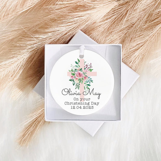 Christening Keepsake | Baby's Christening | Ceramic decoration | Baptism | Custom | Any Name Date | Gifts from Godparent | Floral Cross