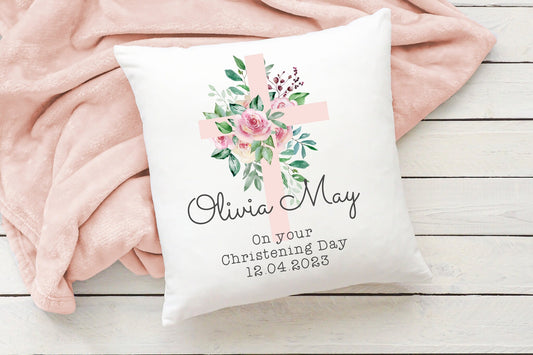 Christening Cushion | Personalised Floral Design | Baptism | Baby Gift | Cuddle Cushion | Holy Communion | Boy & Girl