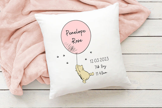 Personalised Cushion | Winnie the Pooh Classic Print Design | Bedroom Decor | Nursery Name Decor | Baby Gift | Birthday | Newborn Stats
