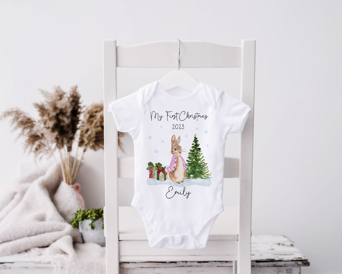 My First Christmas Baby Grow Personalised | Peter Rabbit | Vest, Sleepsuit, Romper, Bib Unisex Babygrow | Christmas Outfit | Baby Clothes