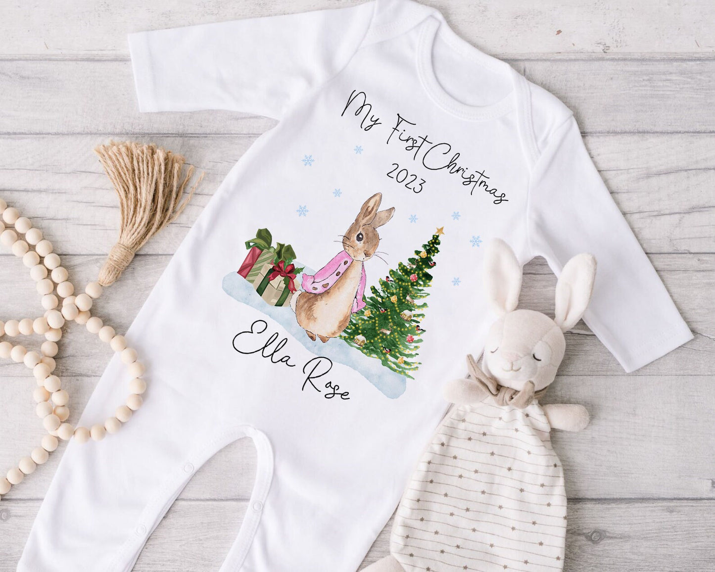 My First Christmas Baby Grow Personalised | Peter Rabbit | Vest, Sleepsuit, Romper, Bib Unisex Babygrow | Christmas Outfit | Baby Clothes