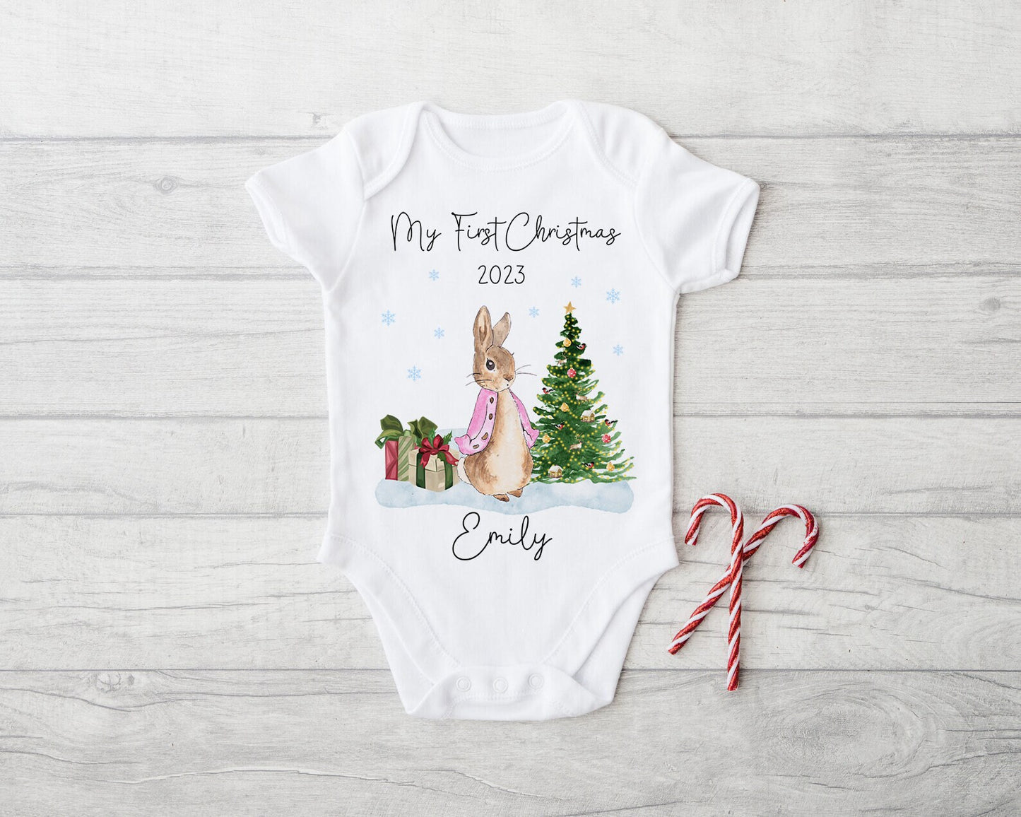 My First Christmas Baby Grow Personalised | Peter Rabbit | Vest, Sleepsuit, Romper, Bib Unisex Babygrow | Christmas Outfit | Baby Clothes