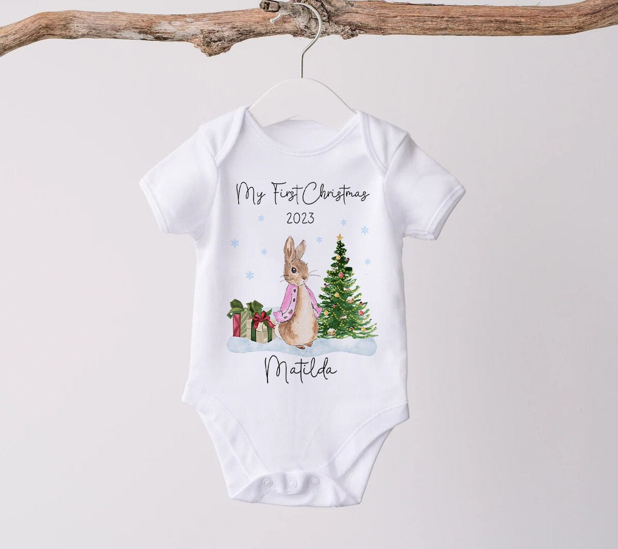 My First Christmas Baby Grow Personalised | Peter Rabbit | Vest, Sleepsuit, Romper, Bib Unisex Babygrow | Christmas Outfit | Baby Clothes