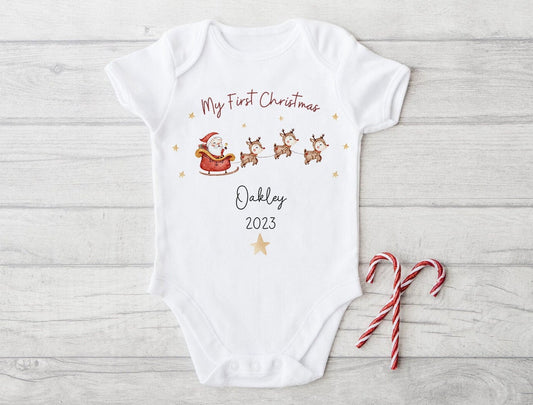 My 1st Christmas Baby Grow Personalised | Santa Reindeer Cute Vest, Sleepsuit, Romper, Bib Unisex Babygrow | Christmas Outfit | Baby Gift
