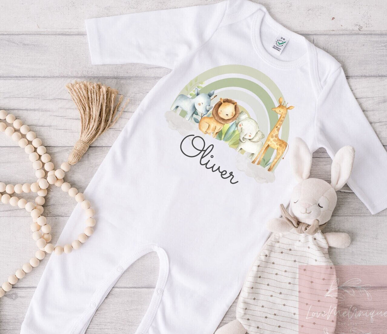 Personalised First Baby Grow | Rainbow Safari | Vest, Sleepsuit, Romper, Bib Unisex Matching Set | Jungle, Baby Boy, Unisex