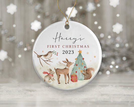 First Christmas Decoration | Personalised Tree Ornament | Baby's First Xmas | Ceramic Bauble Keepsake Gift | Woodland Animals |