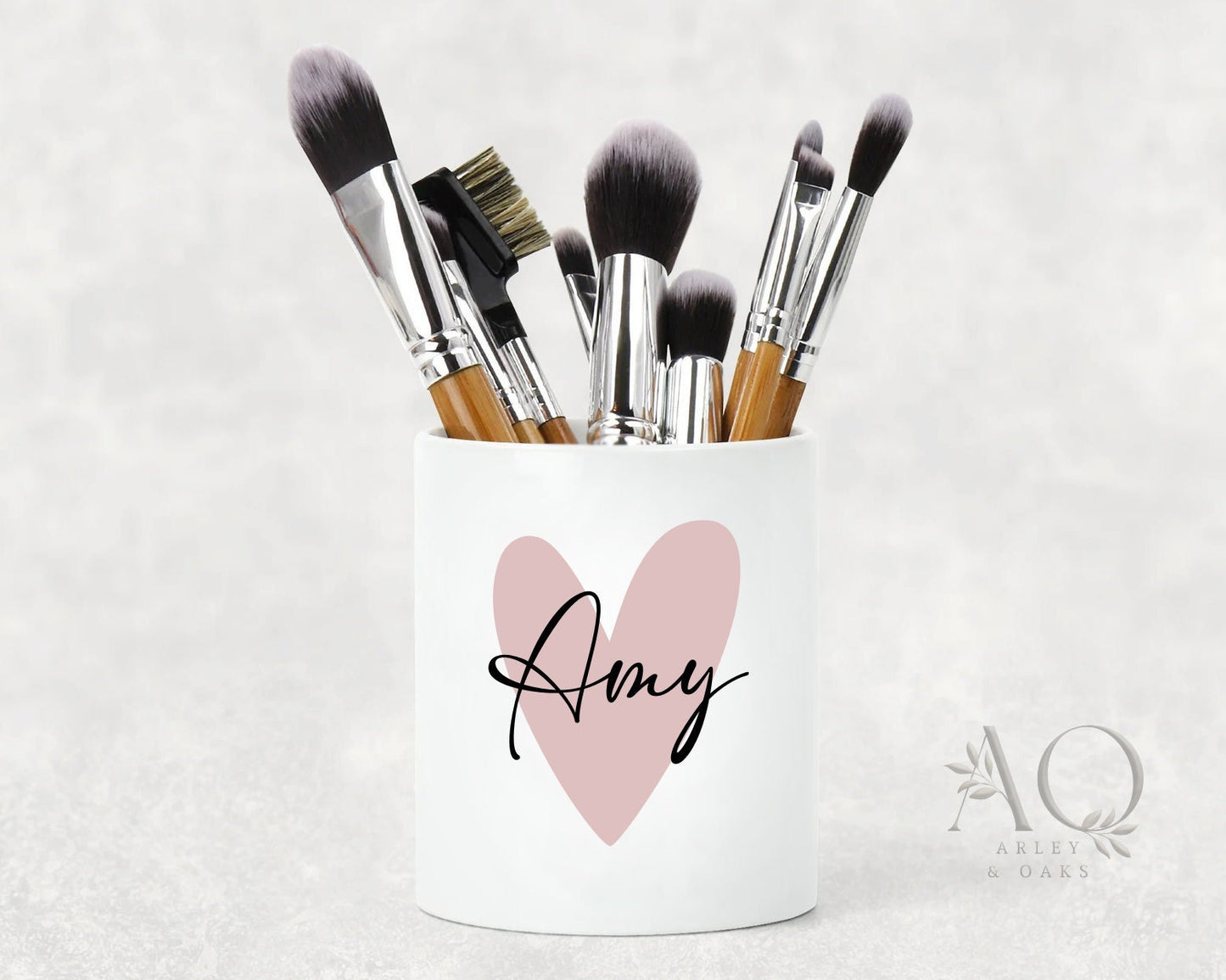 Personalised Make Up Brush Holder Heart Name | Dressing Table Accessories Organiser | Pen Pot, Bridesmaid Gift, Ceramic Birthday Gift