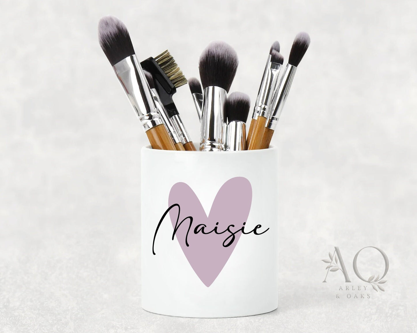 Personalised Make Up Brush Holder Heart Name | Dressing Table Accessories Organiser | Pen Pot, Bridesmaid Gift, Ceramic Birthday Gift